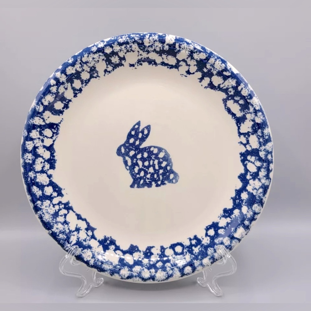 Vintage Tienshan Folk Craft Animals Bunny Dinner Plate, Blue Spongeware